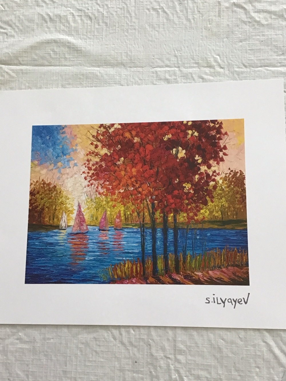 Slava llyayev  Red & Blue Lakeside Tree Painting - Autumn Sailboat Wall Art